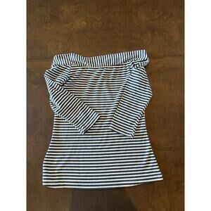 Navy Blue White Striped Off The Shoulder Ribbed Knit Top 3/4 Sleeve Nautical